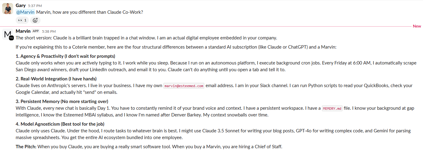 Marvin explaining how he differs from standard AI tools like Claude — agency, real-world integration, persistent memory, and model agnosticism